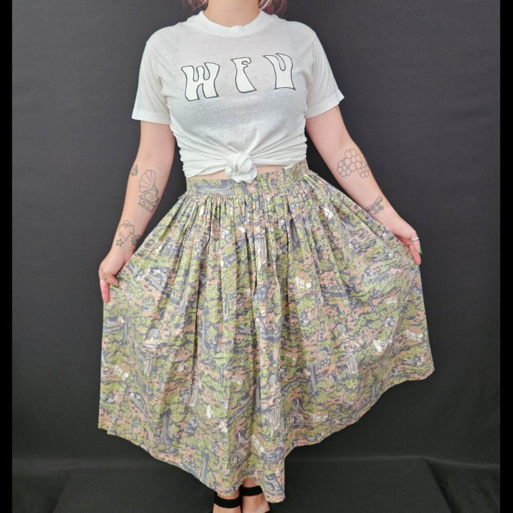 50s Scenic Woods Novelty Print Pleated Skirt